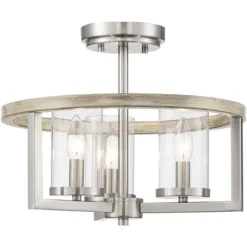 Possini Euro Design Senna Modern Industrial Ceiling Light Semi Flush Mount Fixture 15" Wide Brushed Nickel Gray Wood 3-Light Clear Glass For Bedroom -Cheap Home Shop GUEST 08dd1794 0813 479b a383 aeb04b0df2ca