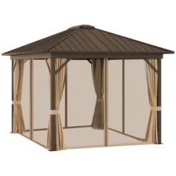 Outsunny 11.9" X 9.8" Hardtop Gazebo With Curtains And Netting, Permanent Pavilion Metal Roof Gazebo Canopy With Aluminum Frame And Top Hook, Brown -Cheap Home Shop GUEST 2e8389e4 0010 4d88 a87e 911d0431675b