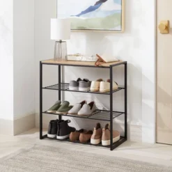 4 Tier Shoe Rack Black Metal With Natural Wood - Brightroomâ„¢