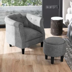 Costway Modern Accent Chair With Ottoman Armchair Barrel Sofa Chair With Footrest Grey -Cheap Home Shop GUEST 41db5b6a d838 4351 87c2 54106f517304