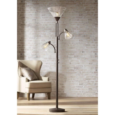 Franklin Iron Works Warwick Industrial Torchiere Floor Lamp With Side Lights 71 1/2" Tall Tiger Bronze LED Clear Seedy Glass For Living Room Reading 1 Franklin Iron Works Warwick Industrial Torchiere Floor Lamp With Side Lights 71 1/2" Tall Tiger Bronze LED Clear Seedy Glass For Living Room Reading