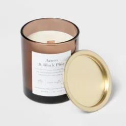 Clear Colored Glass With Woodwick And Brass Metal Inset Lid Acorn + Black Pine Candle Brown - Threshold™ -Cheap Home Shop GUEST e82cdb94 c293 4984 b5b6 1ca170680739