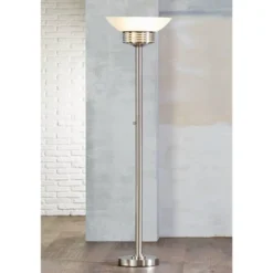Possini Euro Design Light Blaster Art Deco Torchiere Floor Lamp 72 1/2" Tall Brushed Nickel LED Frosted Glass Bowl Shade For Living Room Bedroom House